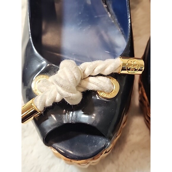 Tory Burch Navy Blue Patent Rope Bow Wedge Slingback Peep Toe Sandals Womens 10 - Picture 6 of 11